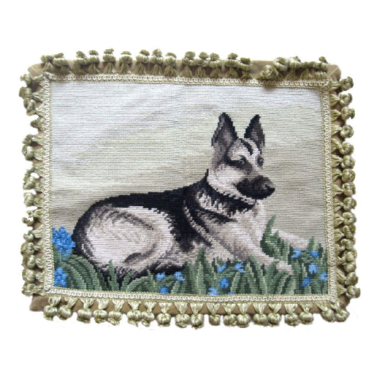 Handmade Wool Needlepoint Pillow Cover - Decorative Throw Cushion Cover - Vintage Floral Embroidery Design  Geman Shepherd rest with tassel