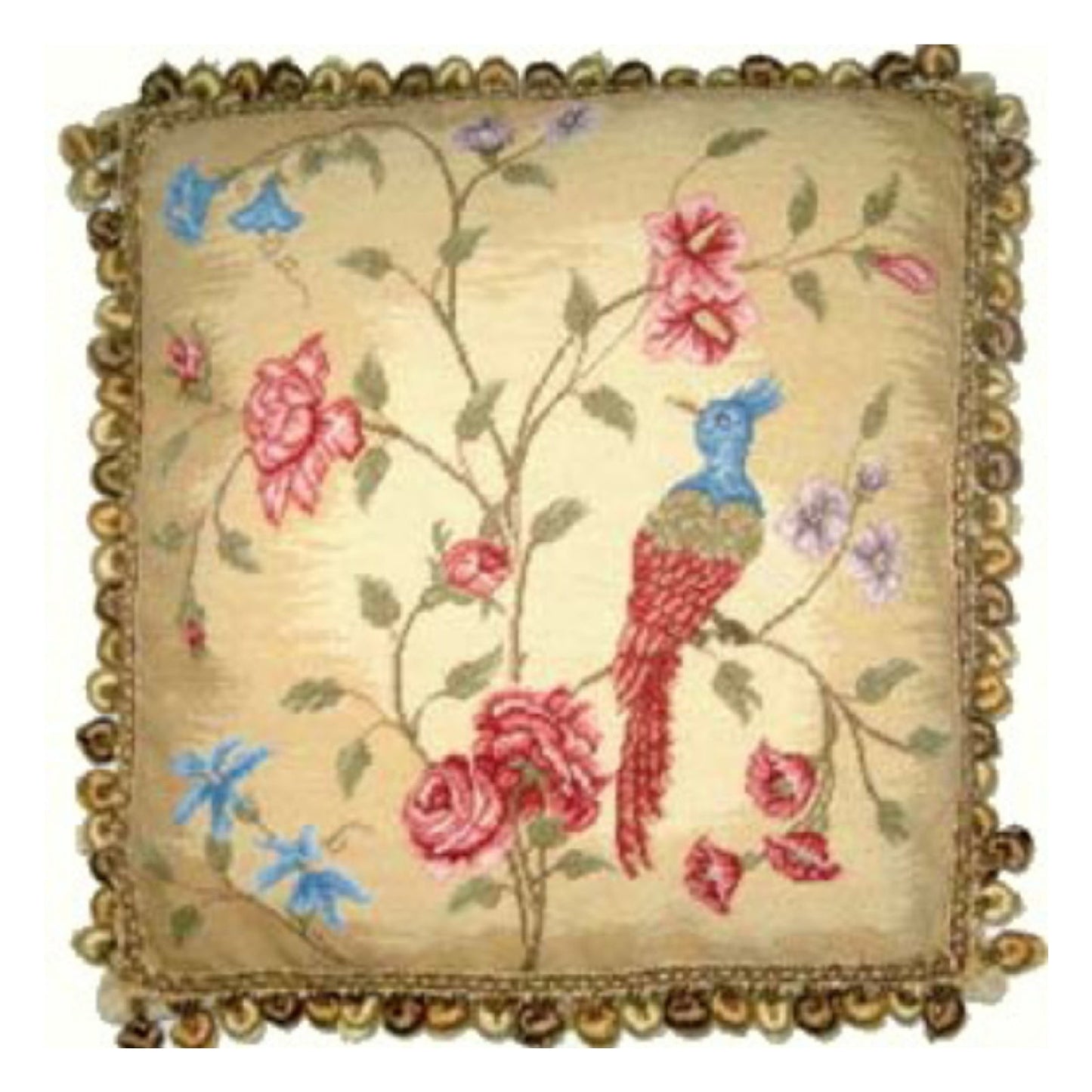 Handmade Wool Needlepoint Pillow Cover - Decorative Throw Cushion Cover - Vintage Floral Embroidery Design  red/blue phoenix & plum in blossom with 3 color tassels