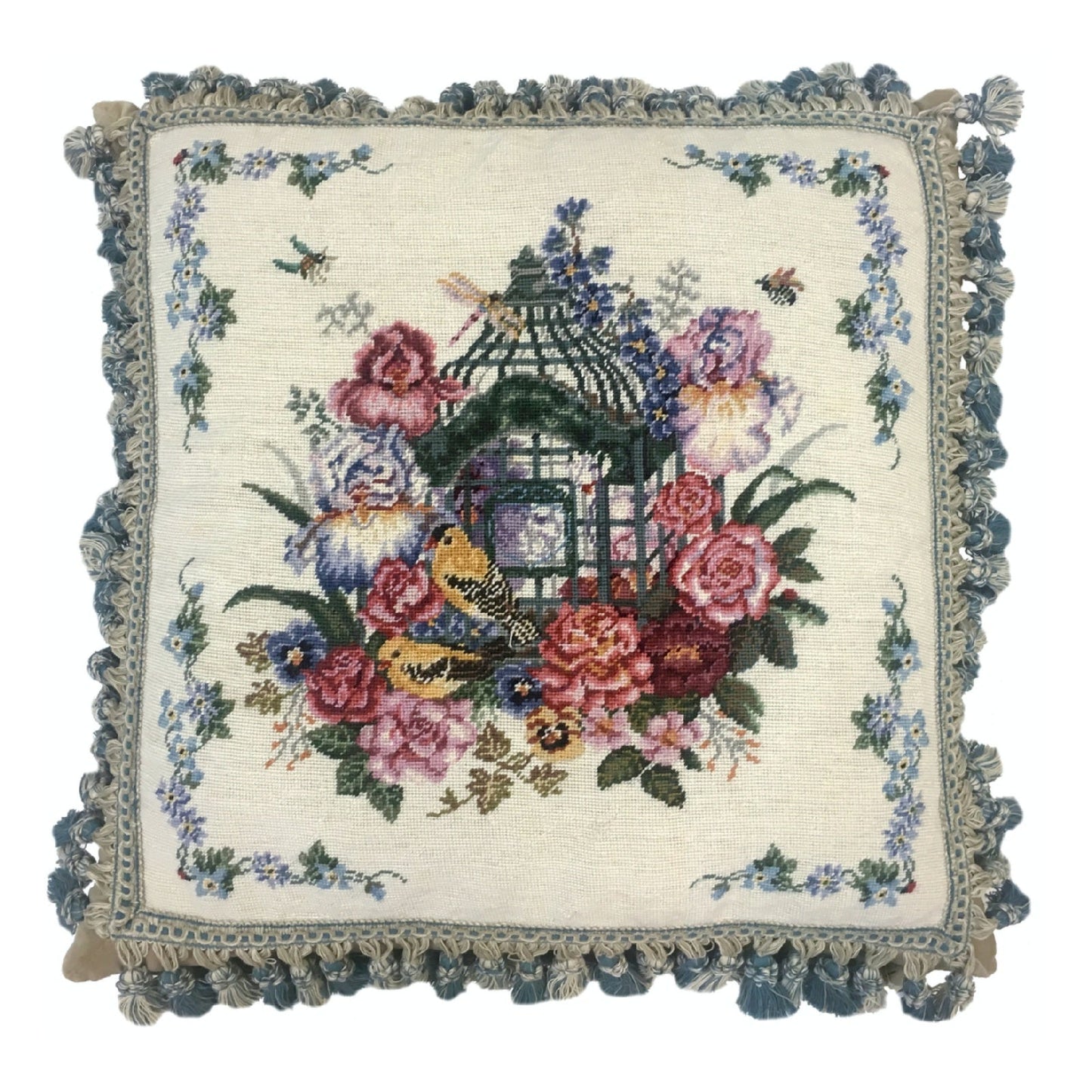 Handmade Wool Needlepoint Pillow Cover - Decorative Throw Cushion Cover - Vintage Floral Embroidery Design  yellow birds with tassel