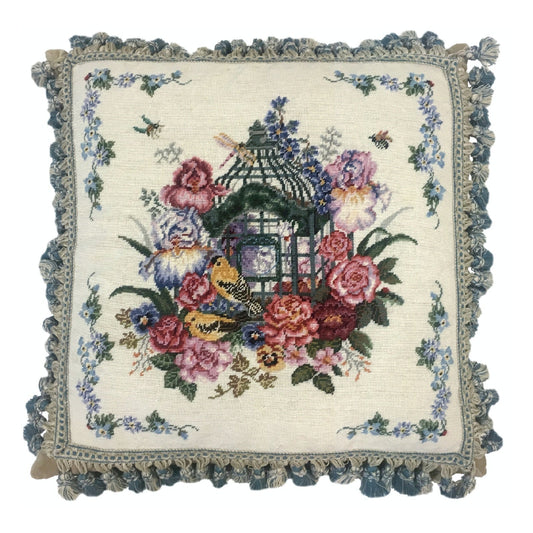 Handmade Wool Needlepoint Pillow Cover - Decorative Throw Cushion Cover - Vintage Floral Embroidery Design  yellow birds with tassel