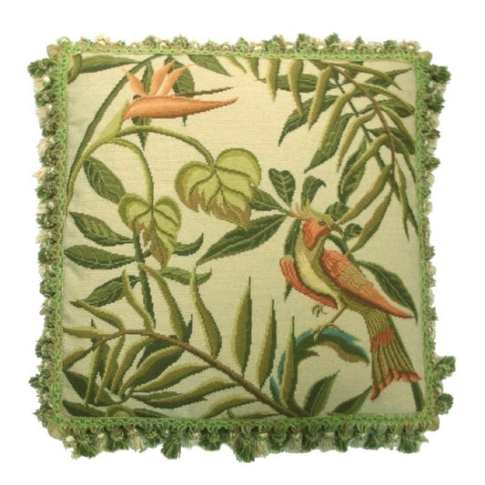 Handmade Wool Needlepoint Pillow Cover - Decorative Throw Cushion Cover - Vintage Floral Embroidery Design  birds of Paradise  with tassel