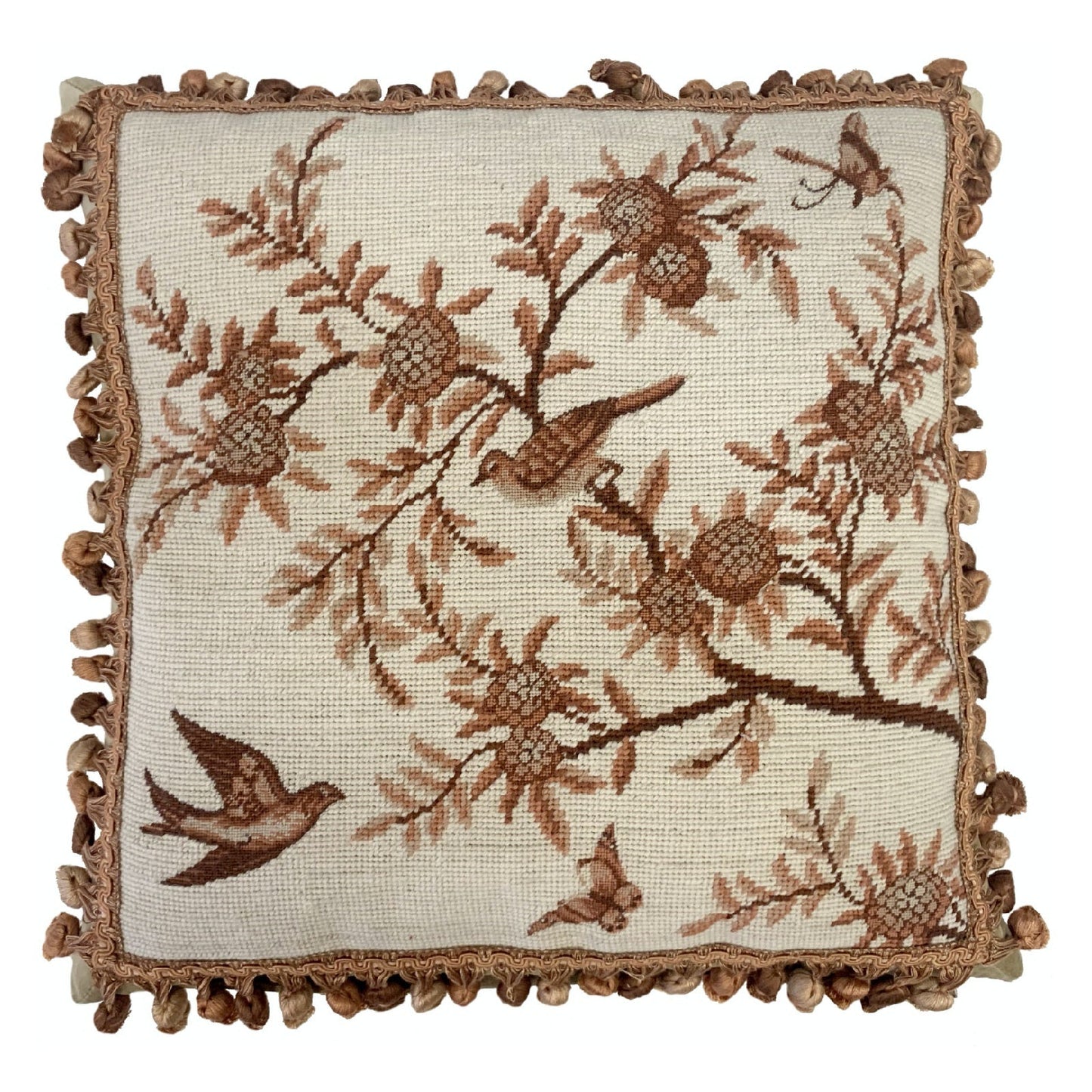 Handmade Wool Needlepoint Pillow Cover - Decorative Throw Cushion Cover - Vintage Floral Embroidery Design  antique tree  swallows butterfliers with tassels