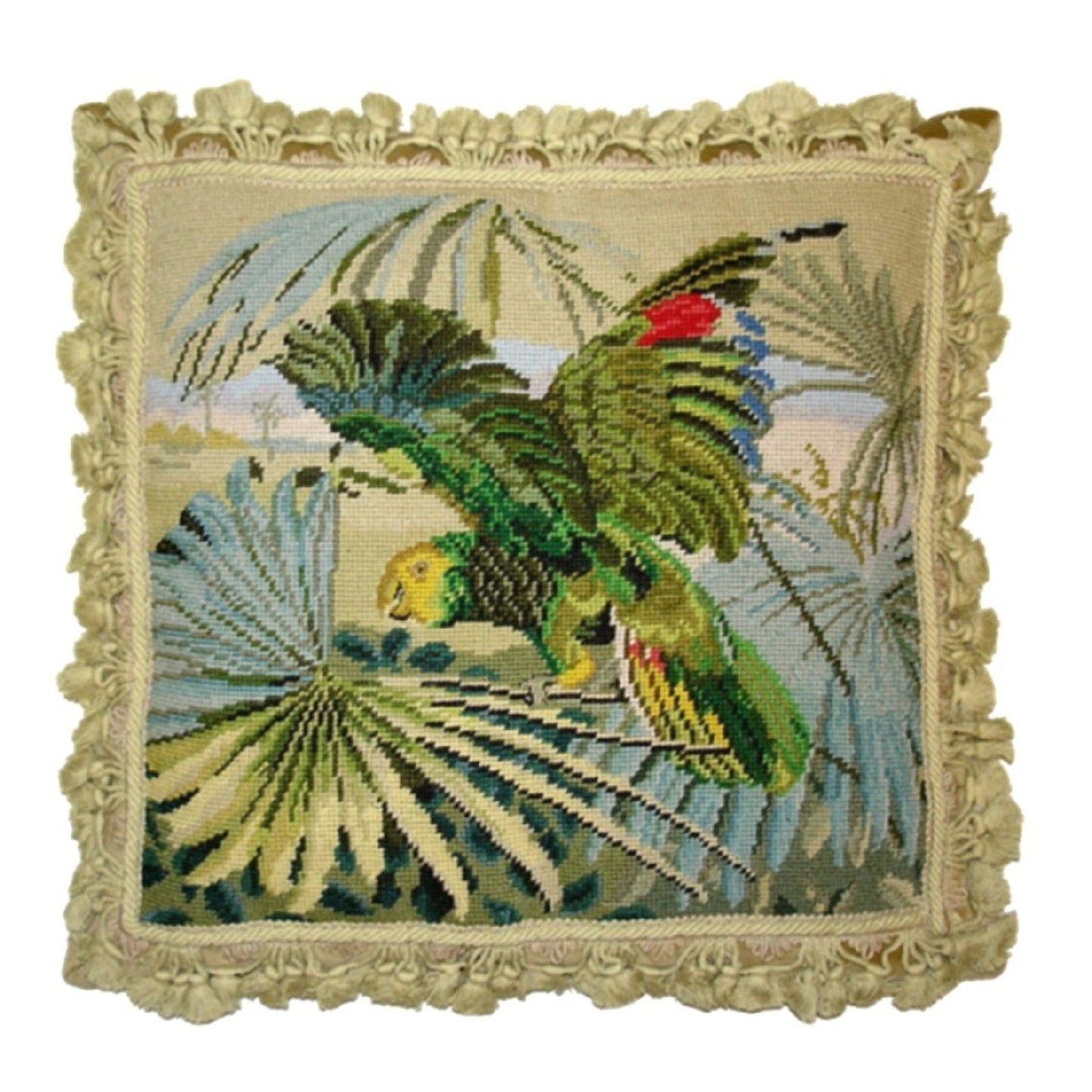 Handmade Wool Needlepoint Pillow Cover - Decorative Throw Cushion Cover - Vintage Floral Embroidery Design one parrot