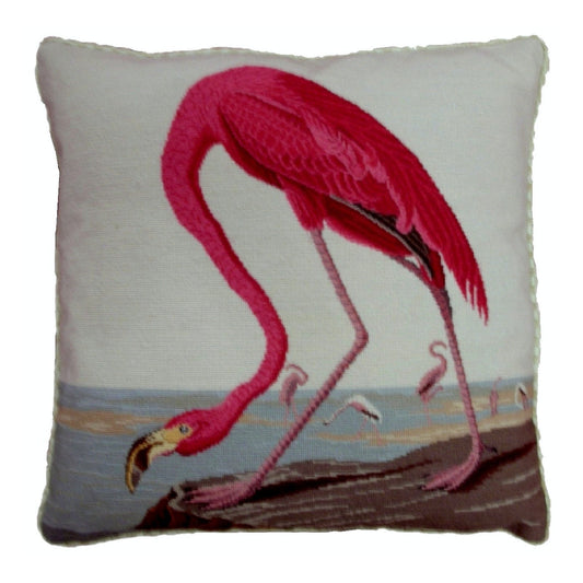 Handmade Wool Needlepoint Pillow Cover - Decorative Throw Cushion Cover - Vintage Floral Embroidery Design  ancient Flamingo with cording