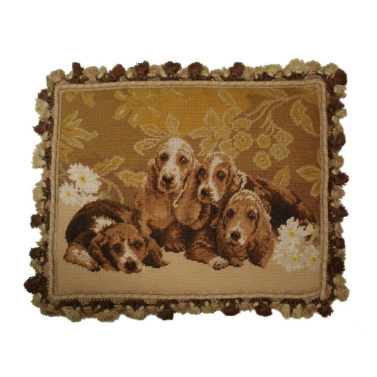 Handmade Wool Needlepoint Pillow Cover - Decorative Throw Cushion Cover - Vintage Floral Embroidery Design 4 Basset Hound  with tassel