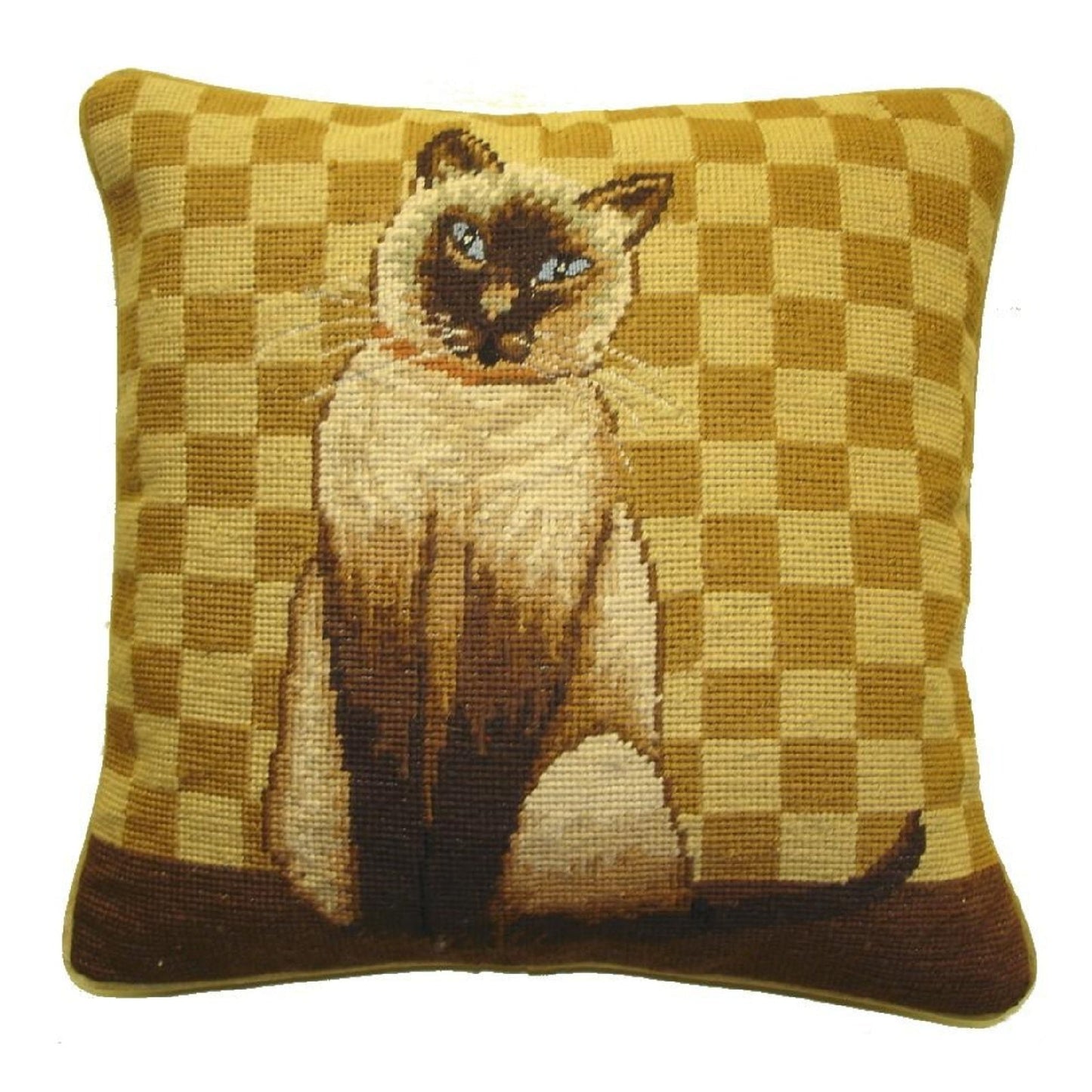 Handmade Wool Needlepoint Pillow Cover - Decorative Throw Cushion Cover - Vintage Floral Embroidery Design with  badge brown cat gold checker