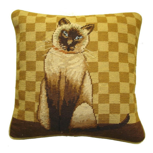 Handmade Wool Needlepoint Pillow Cover - Decorative Throw Cushion Cover - Vintage Floral Embroidery Design with  badge brown cat gold checker