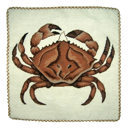Handmade Wool Needlepoint Pillow Cover - Decorative Throw Cushion Cover - Vintage Floral Embroidery Design brown crab with cording