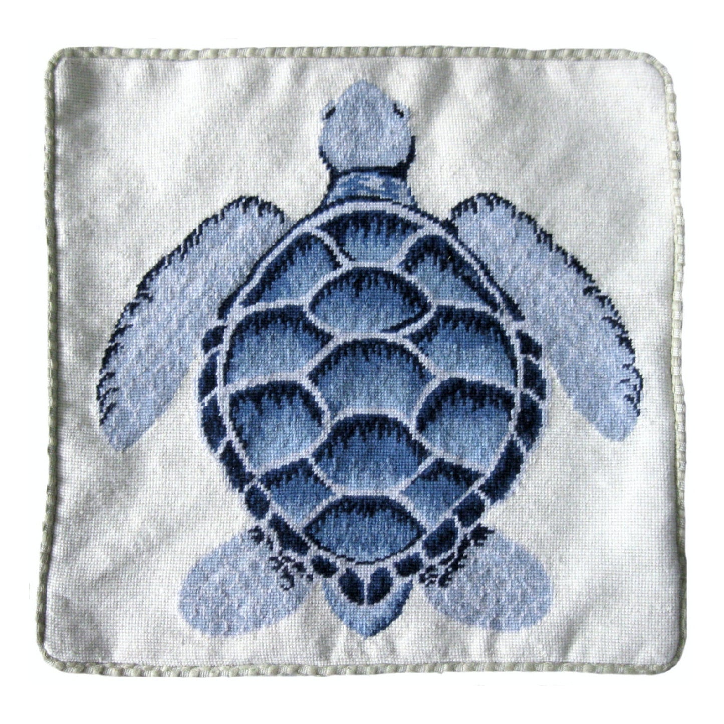 Handmade Wool Needlepoint Pillow Cover - Decorative Throw Cushion Cover - Vintage Floral Embroidery Design light blue sea turtle with cording