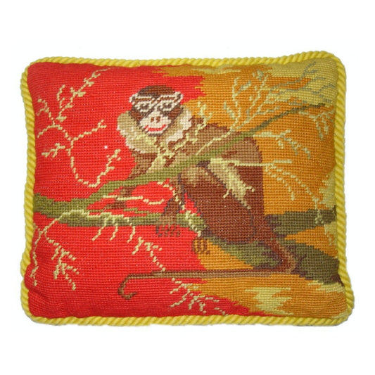 Handmade Wool Needlepoint Pillow Cover - Decorative Throw Cushion Cover - Vintage Floral Embroidery Design Patas on the tree bright background with gold cording