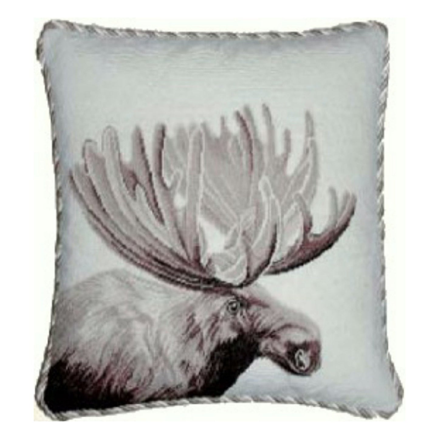 Handmade Wool Needlepoint Pillow Cover - Decorative Throw Cushion Cover - Vintage Floral Embroidery Design  Moose side with 3 color cording