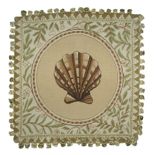 Handmade Wool Needlepoint Pillow Cover - Decorative Throw Cushion Cover - Vintage Floral Embroidery Design fan shell with back and tassels