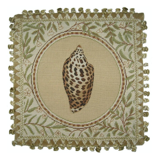 Handmade Wool Needlepoint Pillow Cover - Decorative Throw Cushion Cover - Vintage Floral Embroidery Design Conus shell with back and tassels