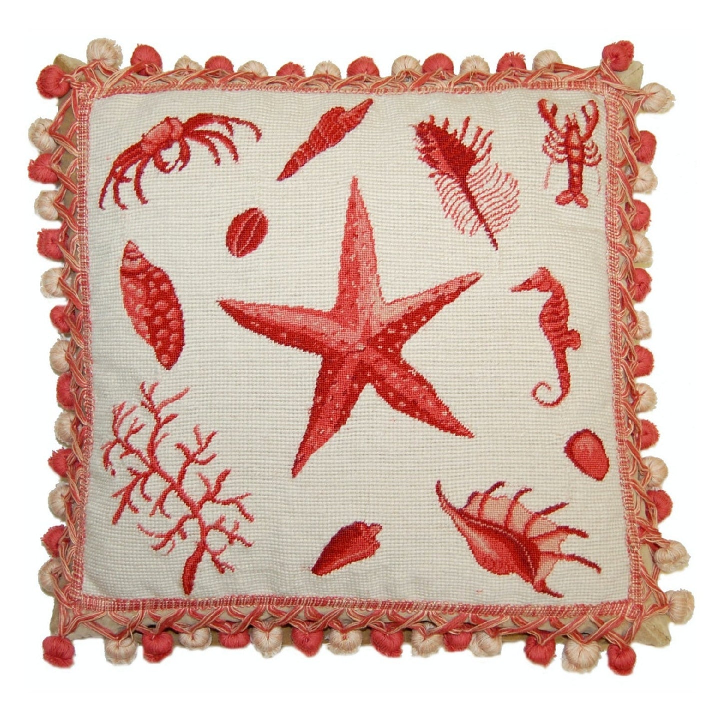Handmade Wool Needlepoint Pillow Cover - Decorative Throw Cushion Cover - Vintage Floral Embroidery Design red sea-star with tassels