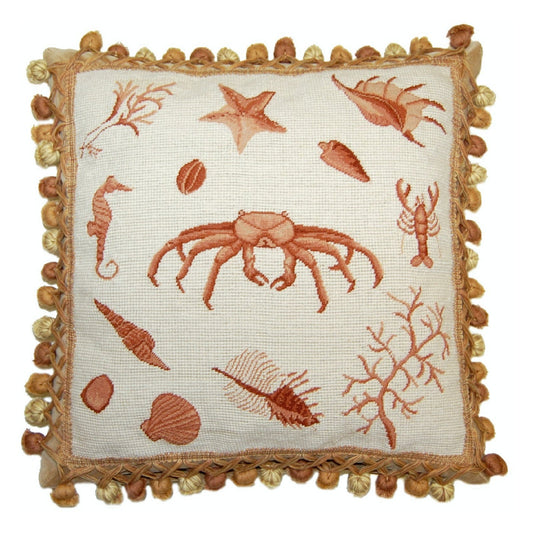 Handmade Wool Needlepoint Pillow Cover - Decorative Throw Cushion Cover - Vintage Floral Embroidery Design Fienst  brown crab with tassels