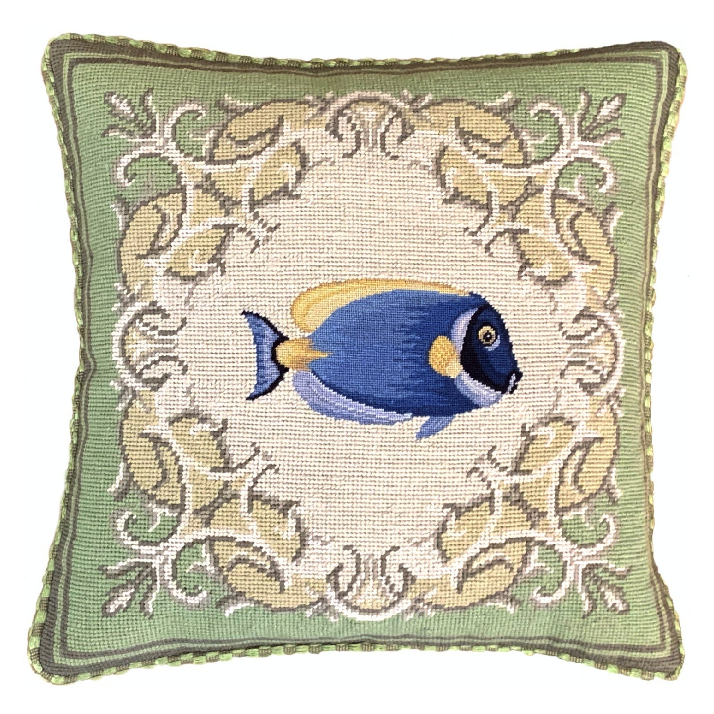Handmade Wool Needlepoint Pillow Cover - Decorative Throw Cushion Cover - Vintage Floral Embroidery DesignFienst  tropical fish - Surgeonfish with green frame checker cording