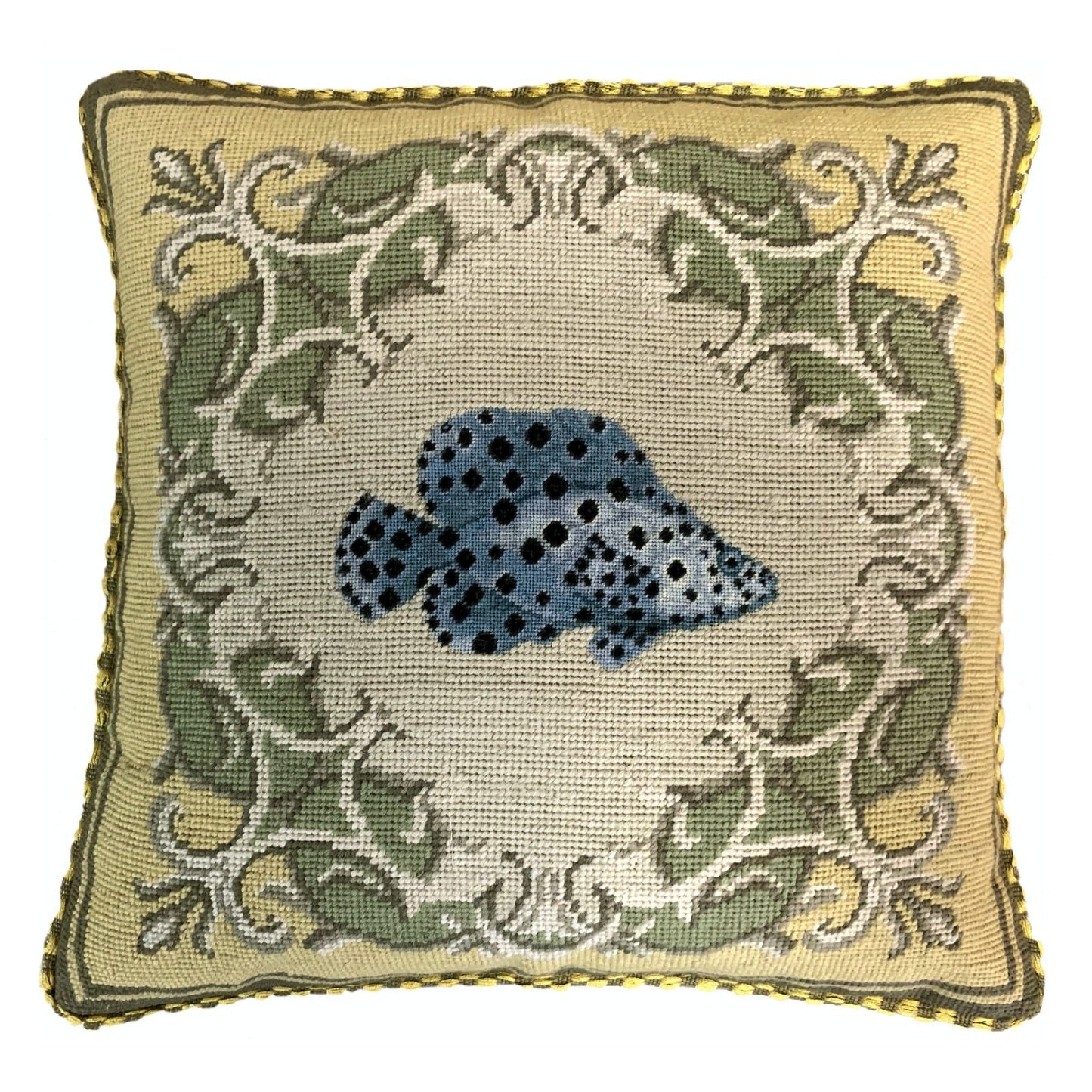 Handmade Wool Needlepoint Pillow Cover - Decorative Throw Cushion Cover - Vintage Floral Embroidery Designtropical fish-Clown Trigger yellow frame checker cording