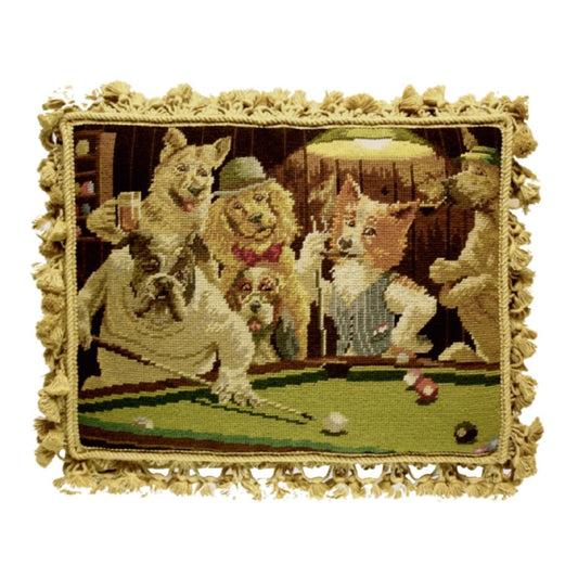 Handmade Wool Needlepoint Pillow Cover - Decorative Throw Cushion Cover - Vintage Floral Embroidery Design dogs playing pool with tassel