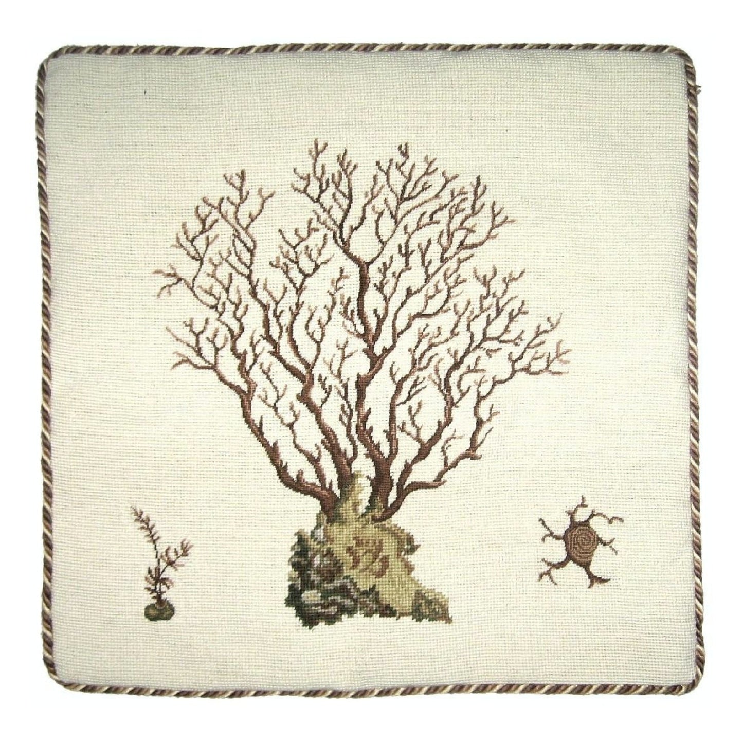 Handmade Wool Needlepoint Pillow Cover - Decorative Throw Cushion Cover - Vintage Floral Embroidery Design brown Marestail with 3 color cording