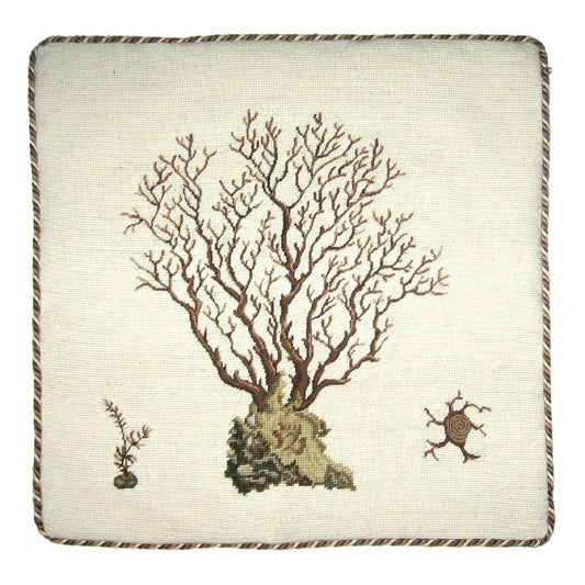 Handmade Wool Needlepoint Pillow Cover - Decorative Throw Cushion Cover - Vintage Floral Embroidery Design brown Marestail with 3 color cording