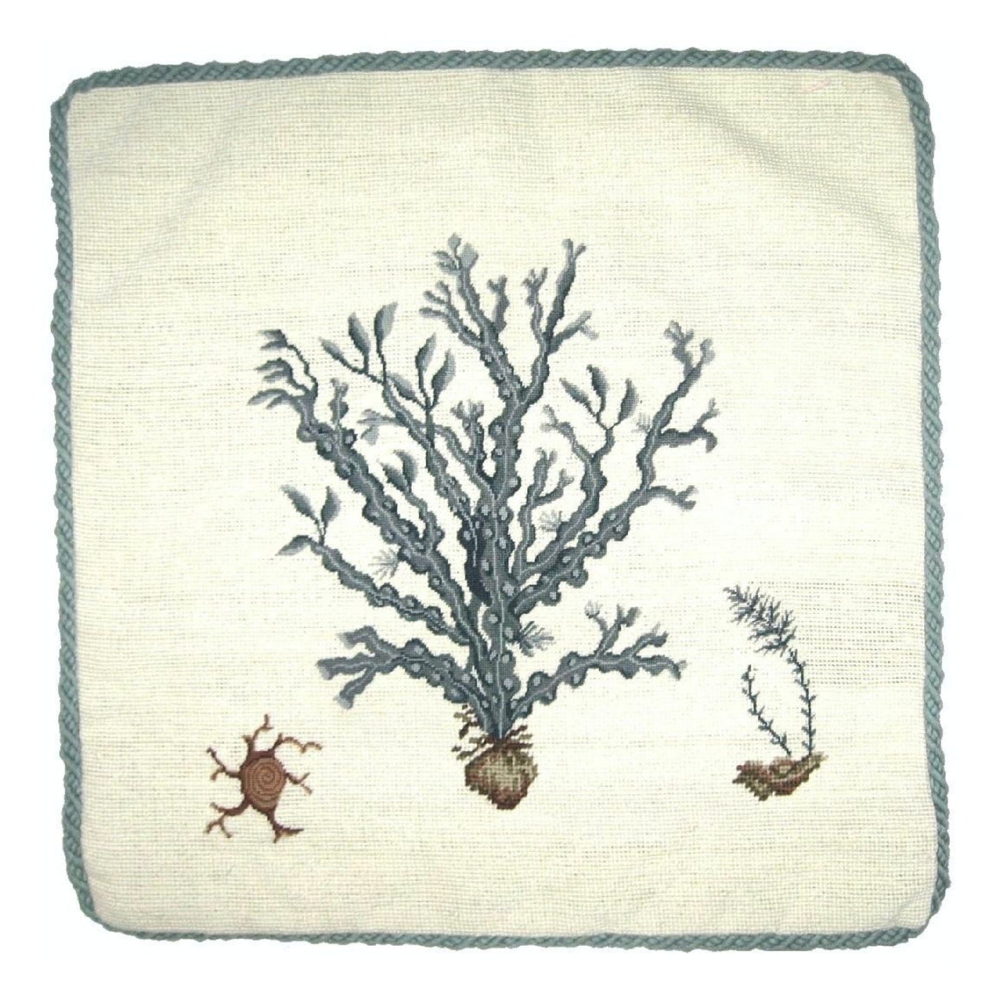 Handmade Wool Needlepoint Pillow Cover - Decorative Throw Cushion Cover - Vintage Floral Embroidery Design blue water weed in blue with blue cording 1