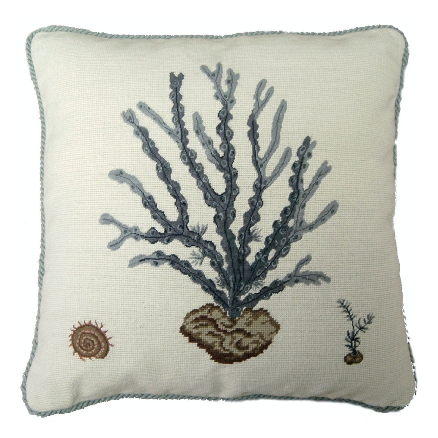 Handmade Wool Needlepoint Pillow Cover - Decorative Throw Cushion Cover - Vintage Floral Embroidery Design blue water weed in blue with blue cording