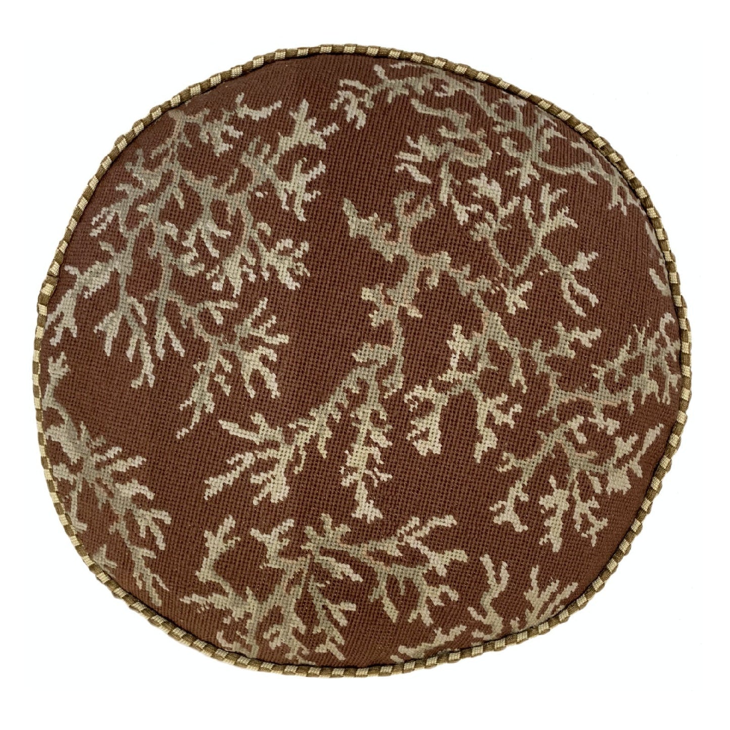 Handmade Wool Needlepoint Pillow Cover - Decorative Throw Cushion Cover - Vintage Floral Embroidery Design ivory coral brown background with cording