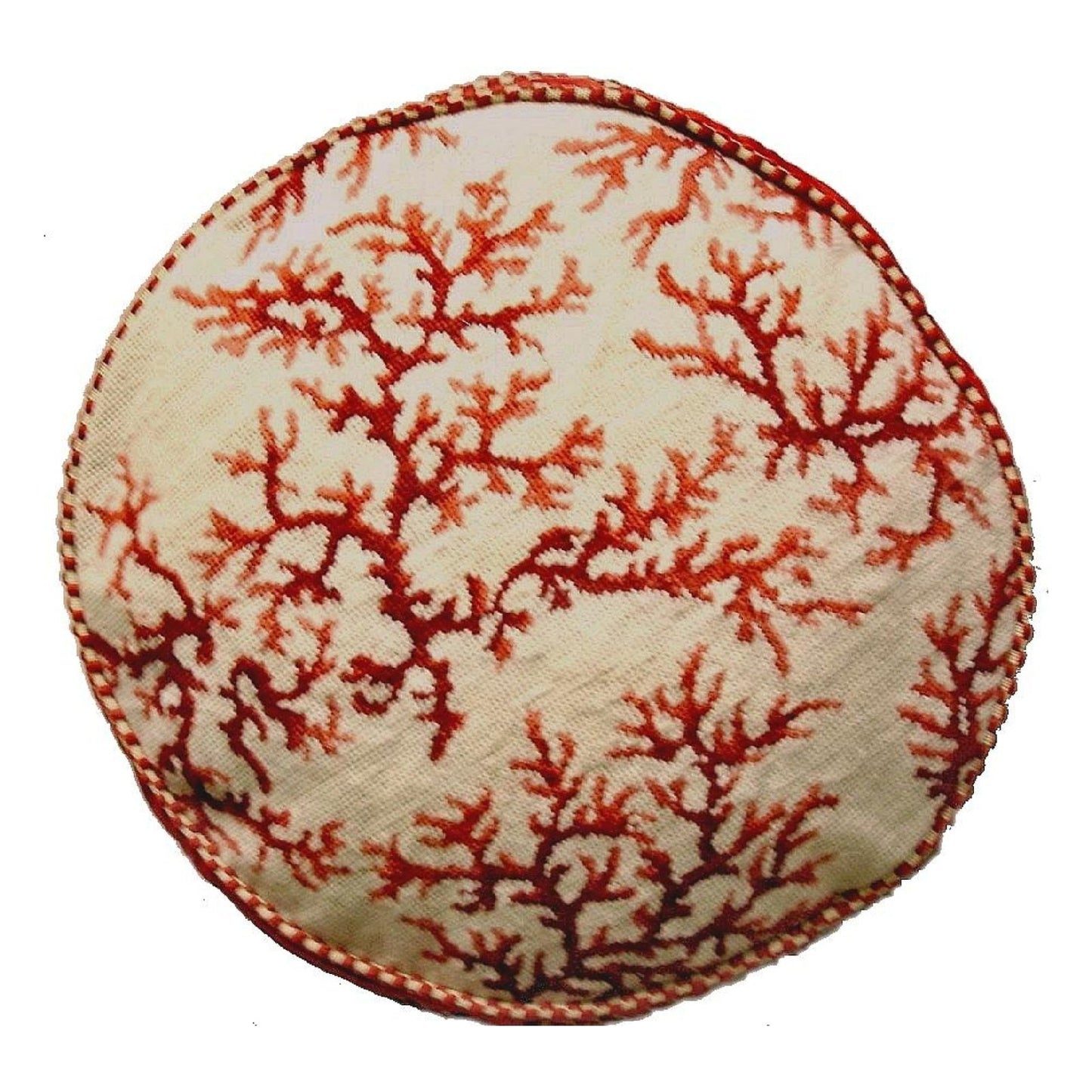 Handmade Wool Needlepoint Pillow Cover - Decorative Throw Cushion Cover - Vintage Floral Embroidery Design red coral ivory background with 2 color cording
