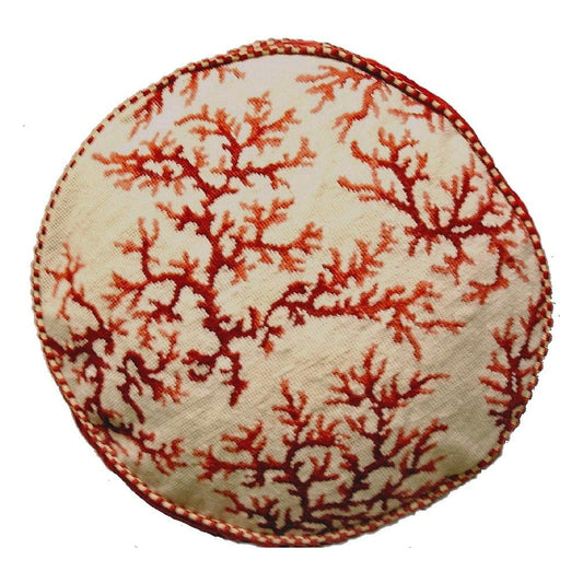 Handmade Wool Needlepoint Pillow Cover - Decorative Throw Cushion Cover - Vintage Floral Embroidery Design red coral ivory background with 2 color cording