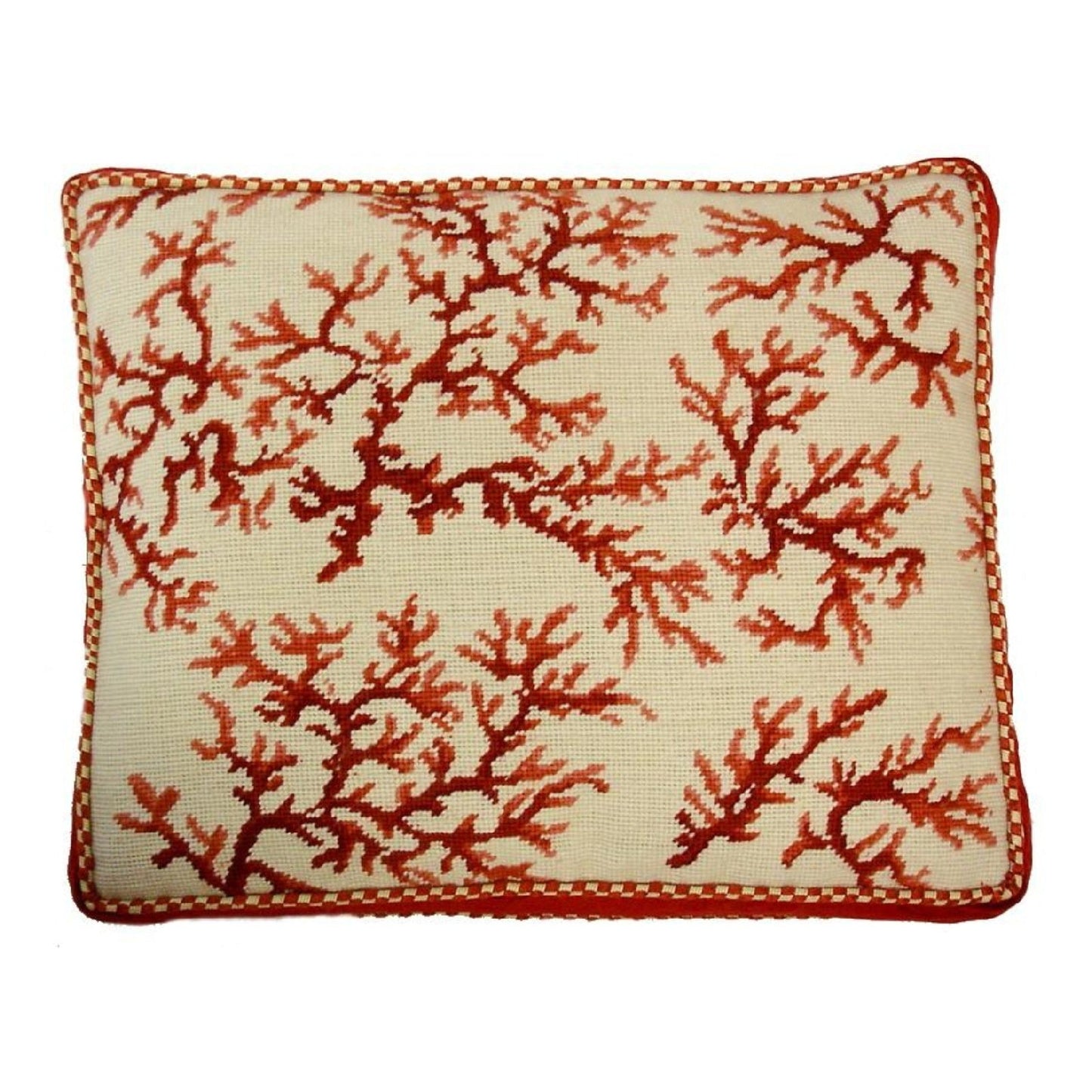 Handmade Wool Needlepoint Pillow Cover - Decorative Throw Cushion Cover - Vintage Floral Embroidery Design red coral ivory back with 2 color cording