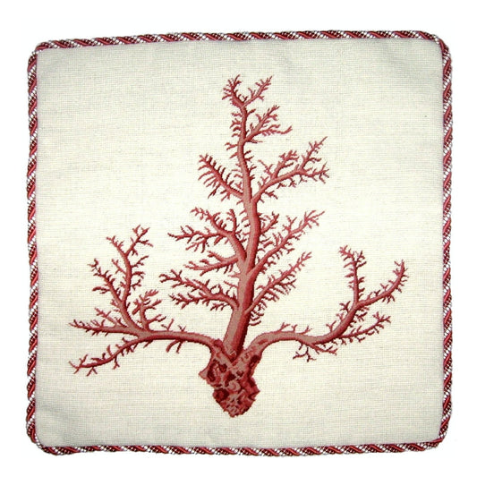 Handmade Wool Needlepoint Pillow Cover - Decorative Throw Cushion Cover - Vintage Floral Embroidery Design red large coral with cording