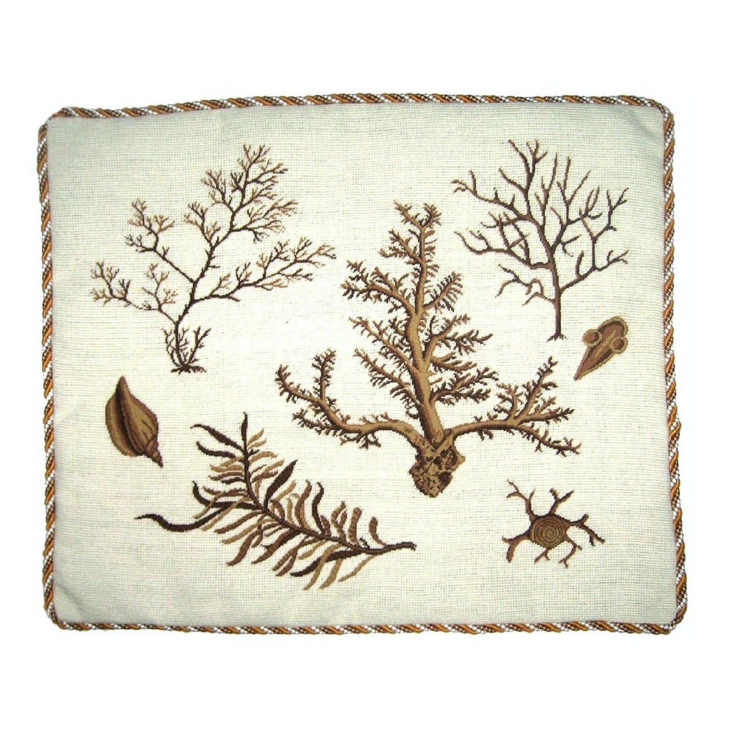 Handmade Wool Needlepoint Pillow Cover - Decorative Throw Cushion Cover - Vintage Floral Embroidery Design group seaweeds center brown coral with cording