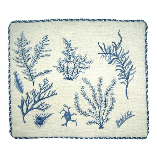Handmade Wool Needlepoint Pillow Cover - Decorative Throw Cushion Cover - Vintage Floral Embroidery Design blue group seaweeds with cording