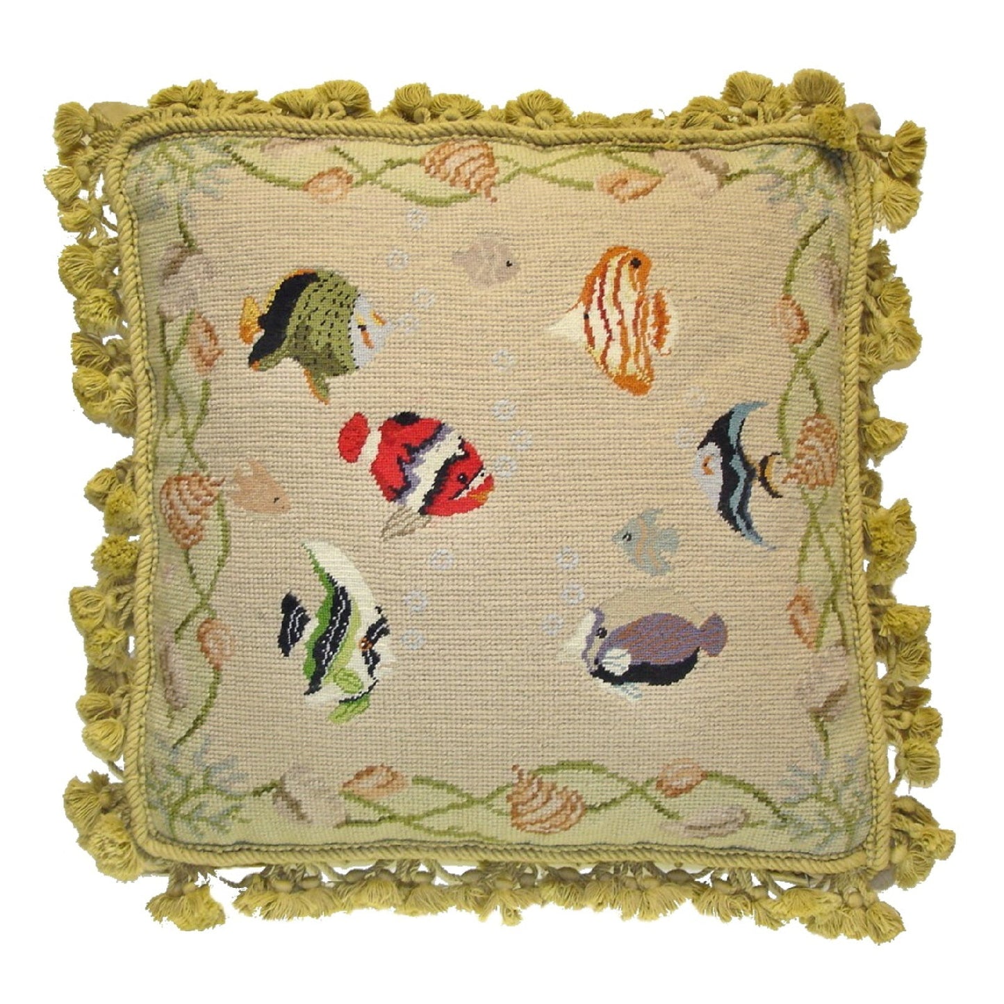 Handmade Wool Needlepoint Pillow Cover - Decorative Throw Cushion Cover - Vintage Floral Embroidery Design fishes with grosspoint 2 color background, nature tassels