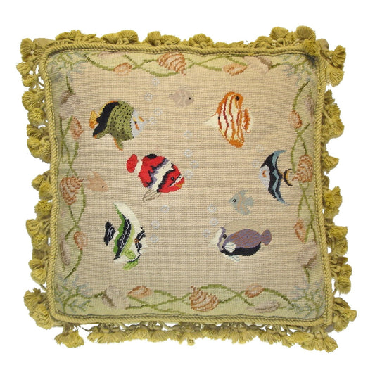 Handmade Wool Needlepoint Pillow Cover - Decorative Throw Cushion Cover - Vintage Floral Embroidery Design fishes with grosspoint 2 color background, nature tassels