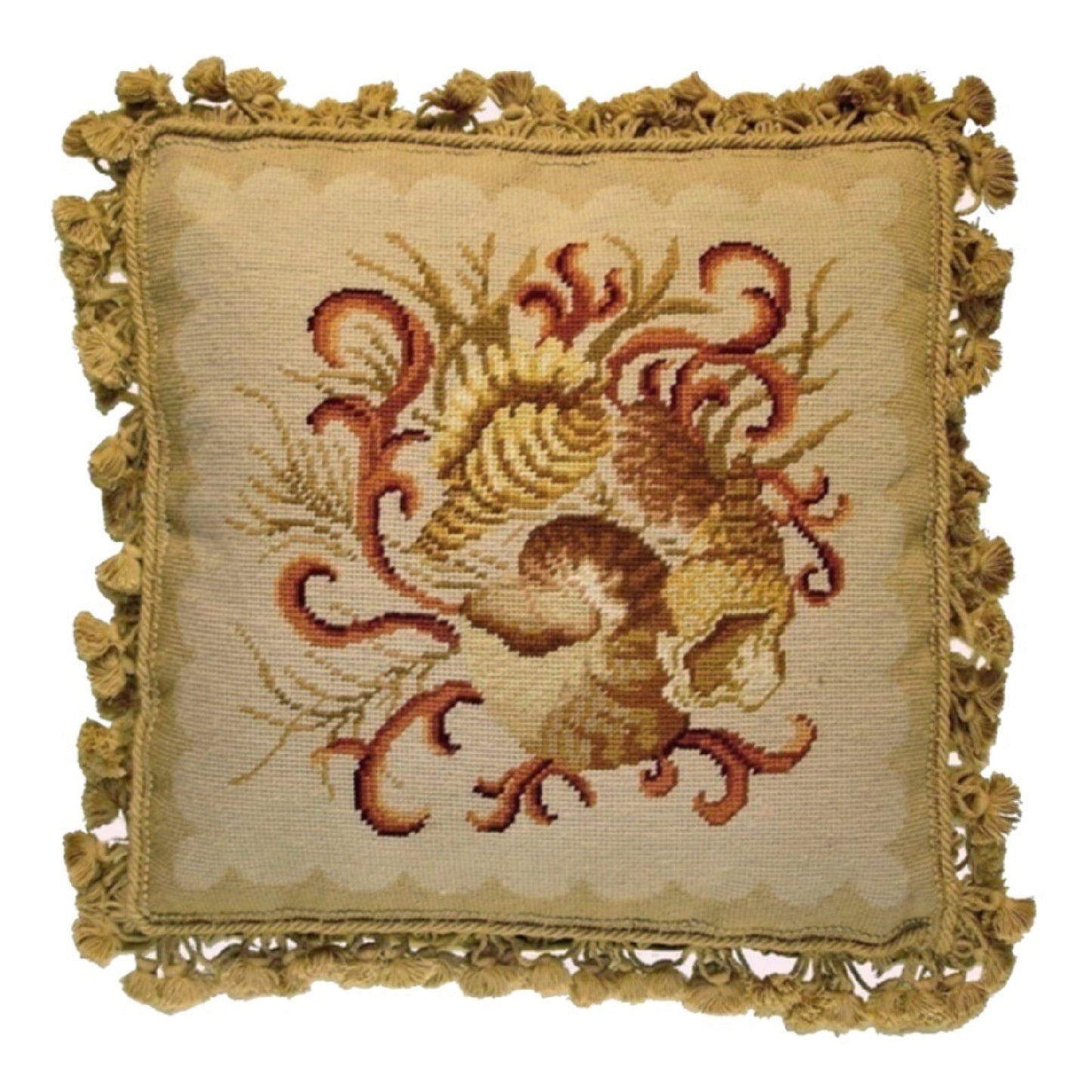 Handmade Wool Needlepoint Pillow Cover - Decorative Throw Cushion Cover - Vintage Floral Embroidery Design All shell with dark bage tassels