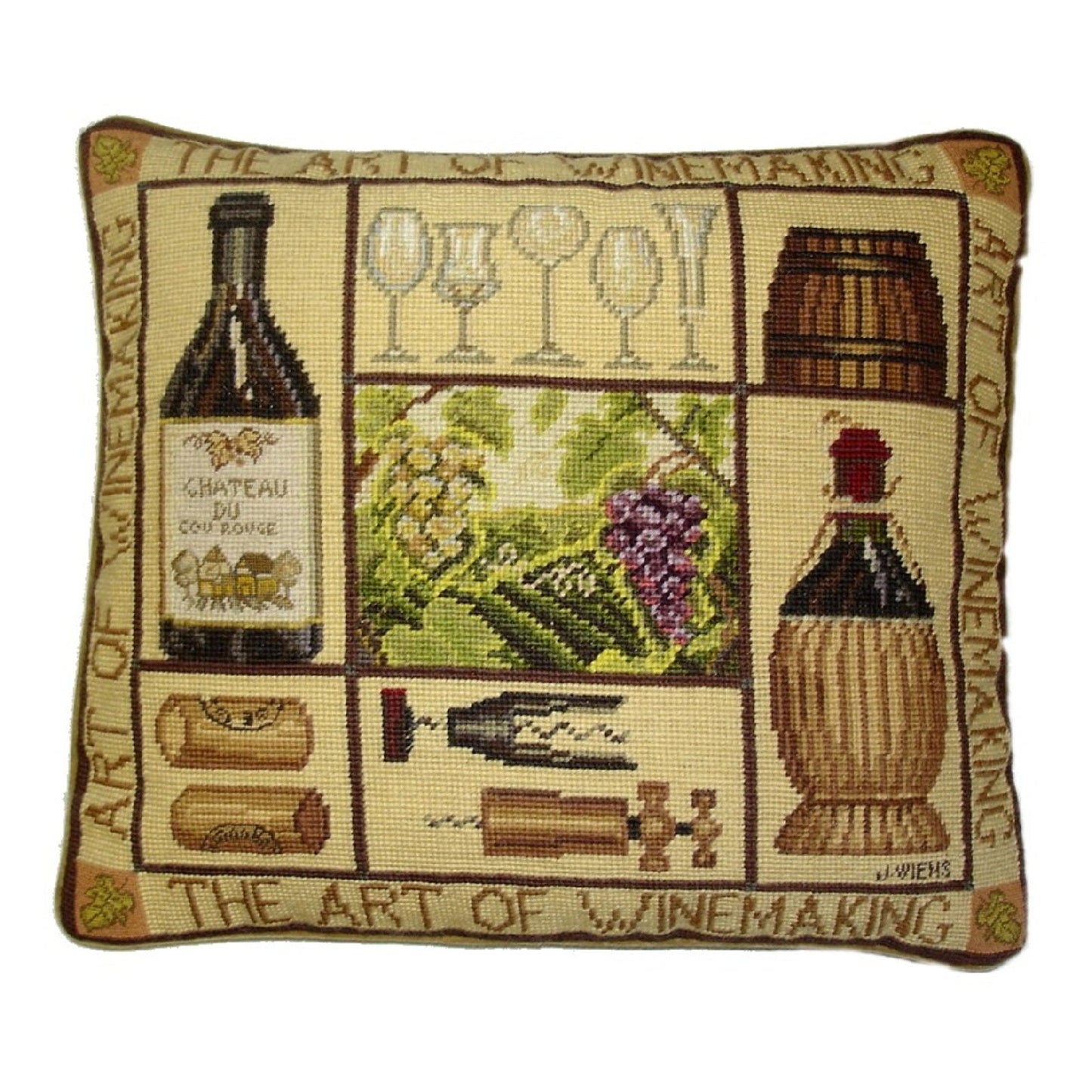 Needlepoint Hand-Embroidered Wool Throw Pillow Exquisite Home Designs James Winess designThe art of wine making,&