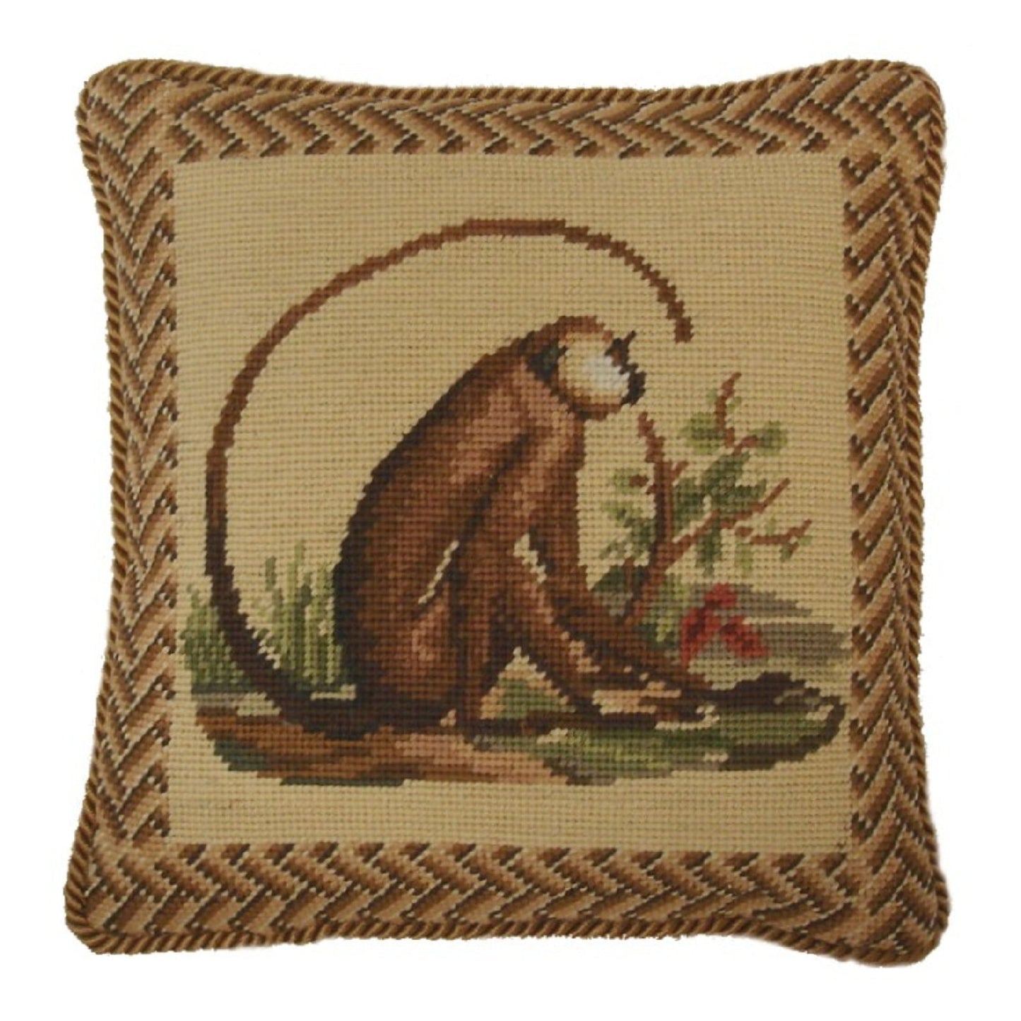 Handmade Wool Needlepoint Pillow Cover - Decorative Throw Cushion Cover - Vintage Floral Embroidery Design monkey long tail