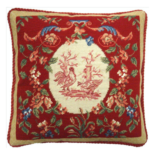Handmade Wool Needlepoint Pillow Cover - Decorative Throw Cushion Cover - Vintage Floral Embroidery Design chickens floral with red cording