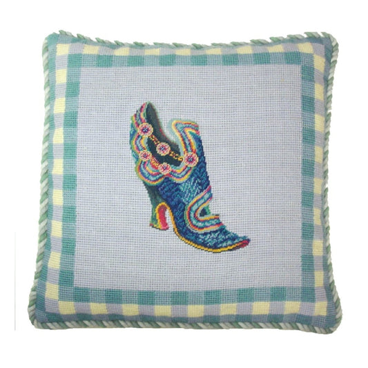 Handmade Wool Needlepoint Pillow Cover - Decorative Throw Cushion Cover - Vintage Floral Embroidery Design leather shoe with blue background 2 color cording