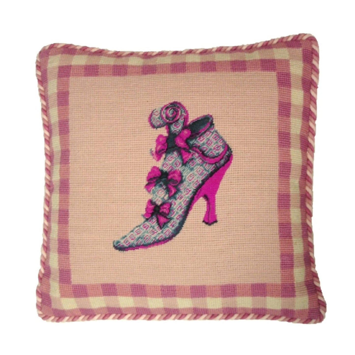 Handmade Wool Needlepoint Pillow Cover - Decorative Throw Cushion Cover - Vintage Floral Embroidery Design bow show pink background with 2 color cording
