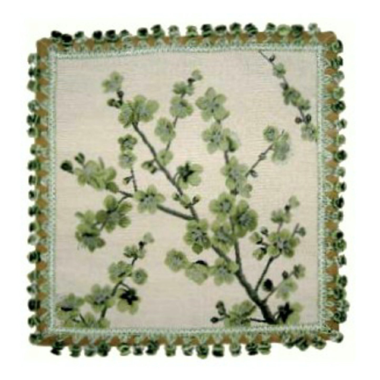 Handmade Wool Needlepoint Pillow Cover - Decorative Throw Cushion Cover - Vintage Floral Embroidery Design  green blooming plums with tassels