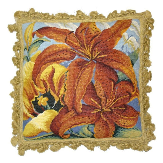 Handmade Wool Needlepoint Pillow Cover - Decorative Throw Cushion Cover - Vintage Floral Embroidery Design All tiger lilly with gold tassels