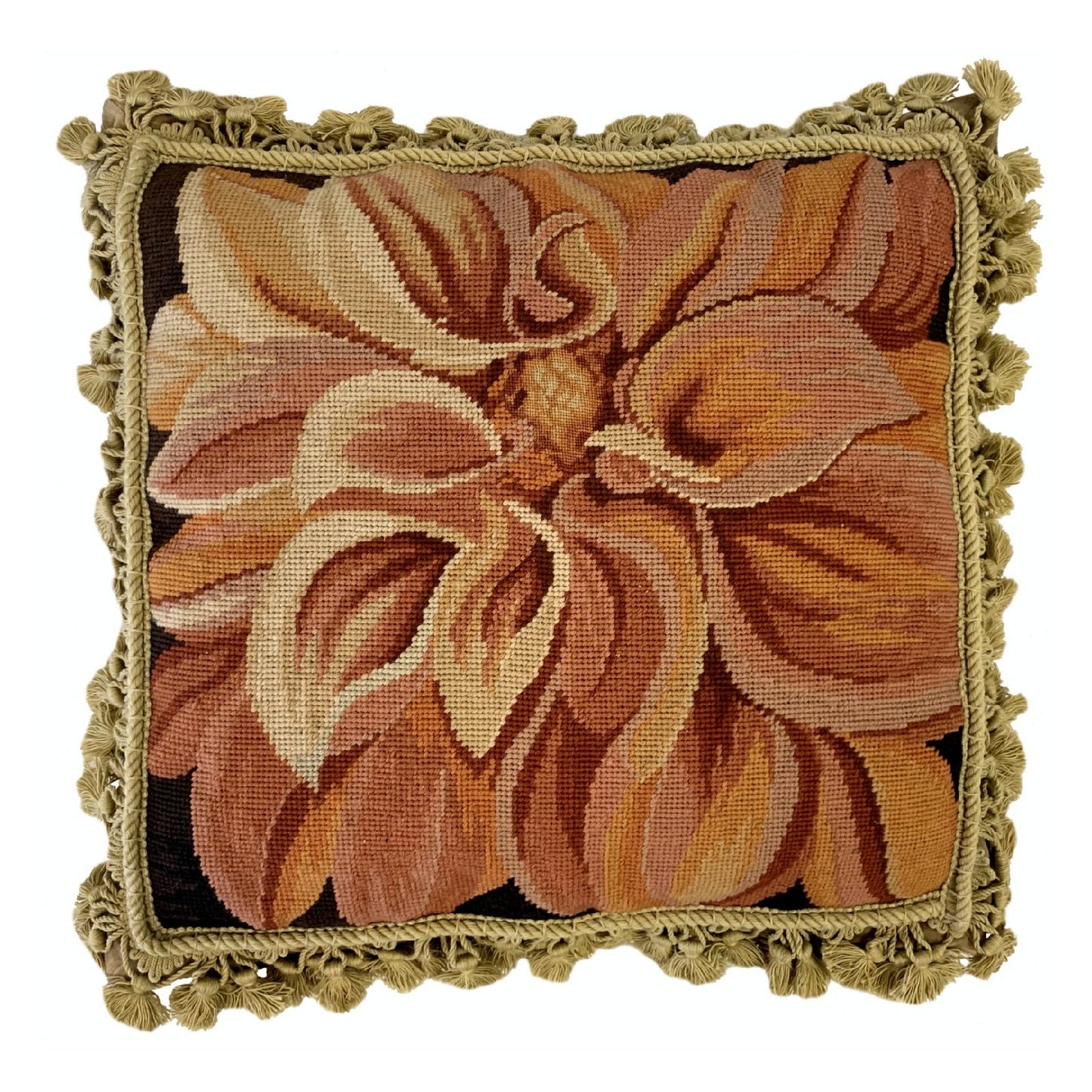 Handmade Wool Needlepoint Pillow Cover - Decorative Throw Cushion Cover - Vintage Floral Embroidery Design on orange chrysanthemum with tassels