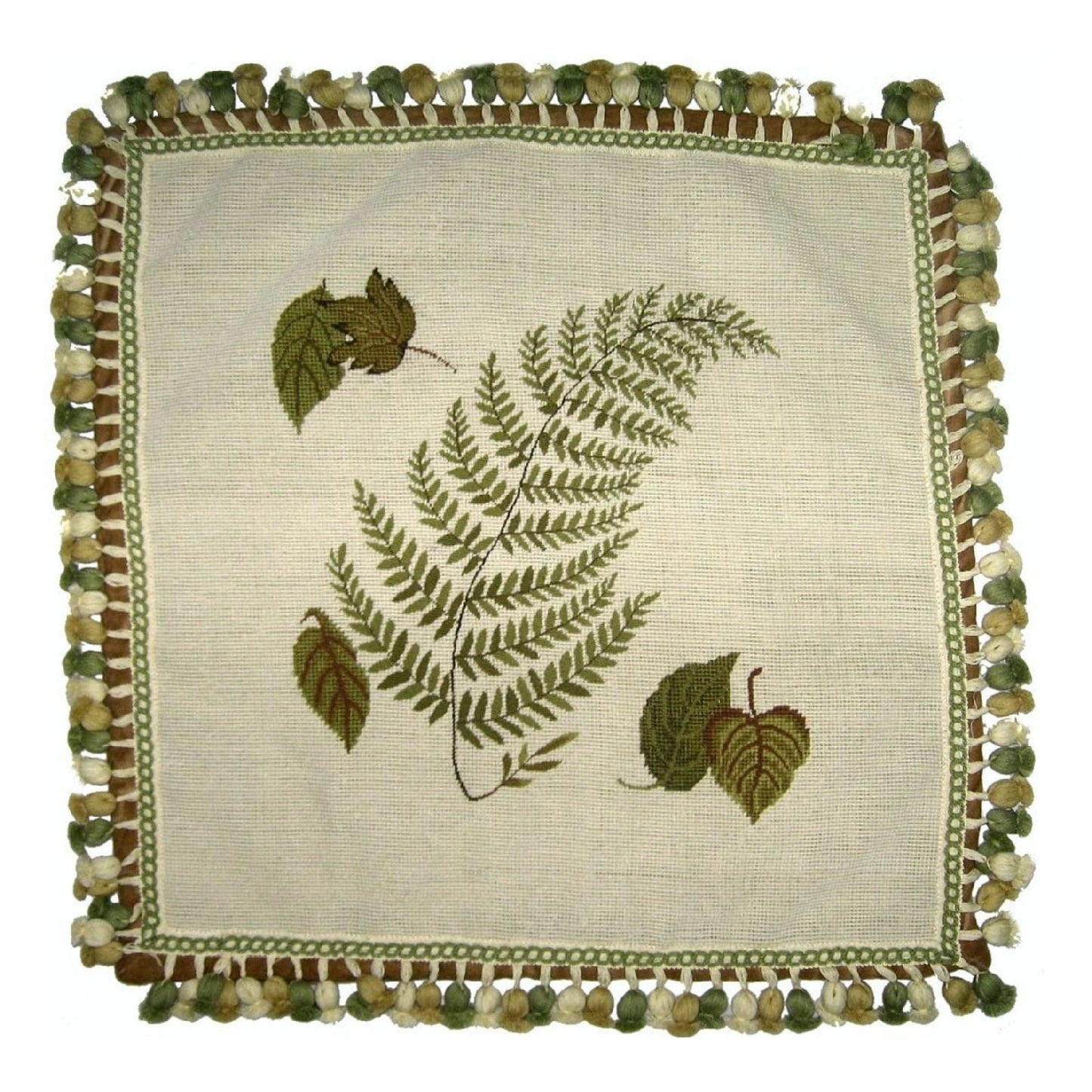Handmade Wool Needlepoint Pillow Cover - Decorative Throw Cushion Cover - Vintage Floral Embroidery Design fern, leaves with tassels