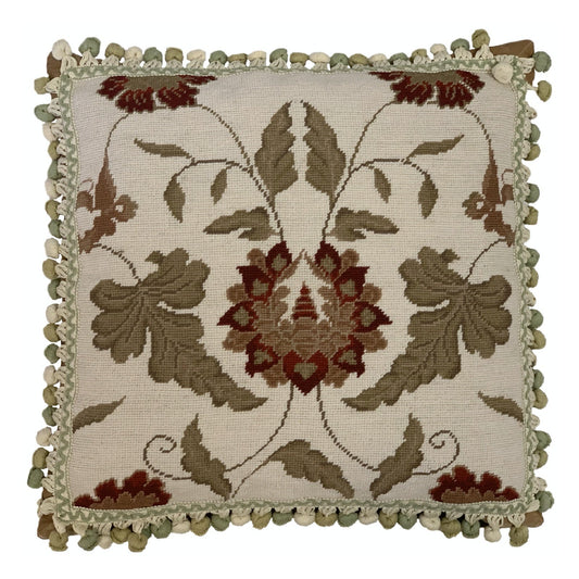 Handmade Wool Needlepoint Pillow Cover - Decorative Throw Cushion Cover - Vintage Floral Embroidery Design leaf red flowers with 3 color tassels