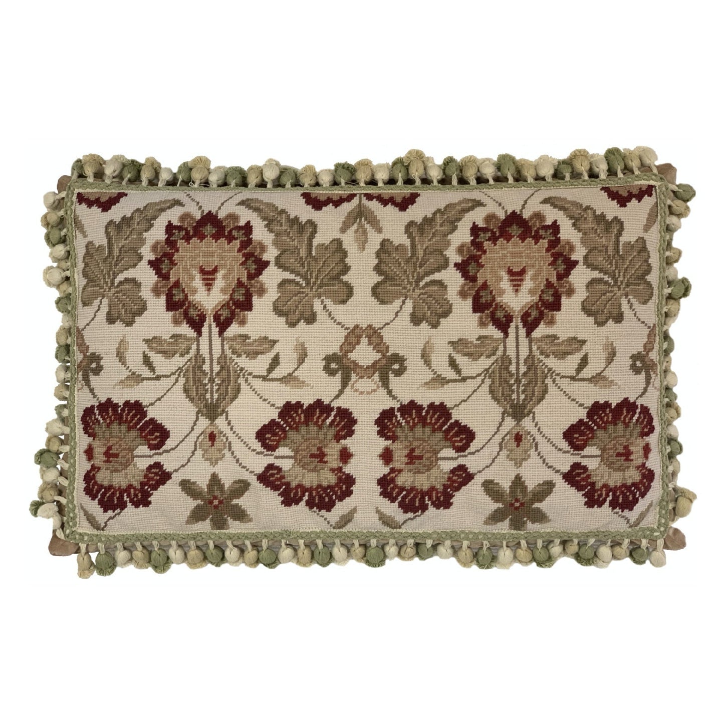 Handmade Wool Needlepoint Pillow Cover - Decorative Throw Cushion Cover - Vintage Floral Embroidery Designleaves red flowers with 3 color tassels