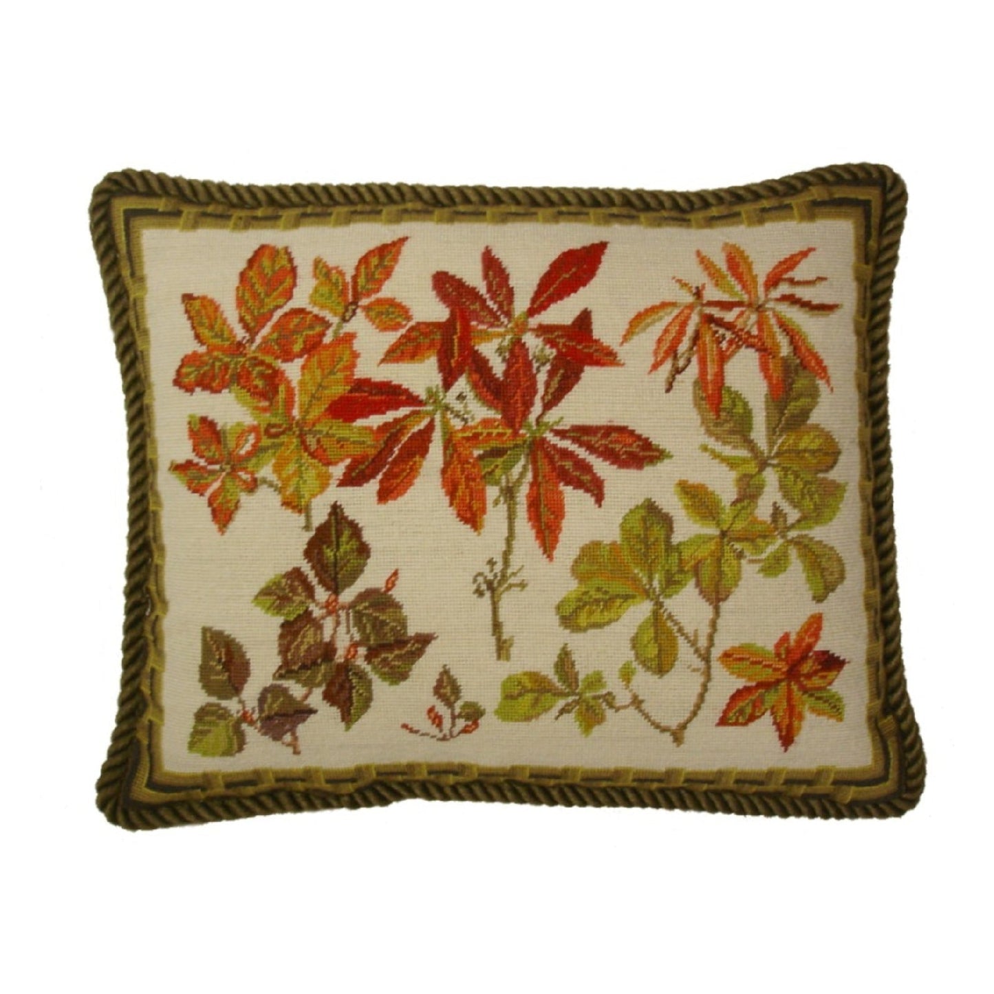 Handmade Wool Needlepoint Pillow Cover - Decorative Throw Cushion Cover - Vintage Floral Embroidery Design  banboo frame autumn leaves with cording