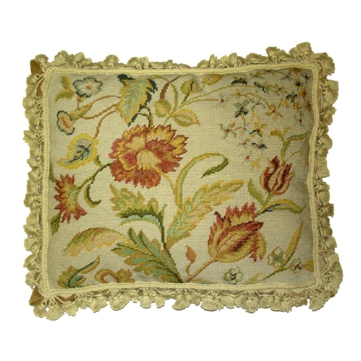 Handmade Wool Needlepoint Pillow Cover - Decorative Throw Cushion Cover - Vintage Floral Embroidery Design floral with tassels