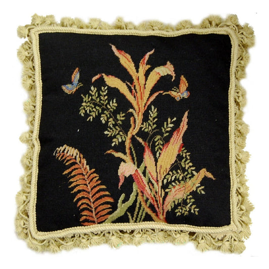 Handmade Wool Needlepoint Pillow Cover - Decorative Throw Cushion Cover - Vintage Floral Embroidery Design  tropical fern 2 blue butterflies black background with tassels